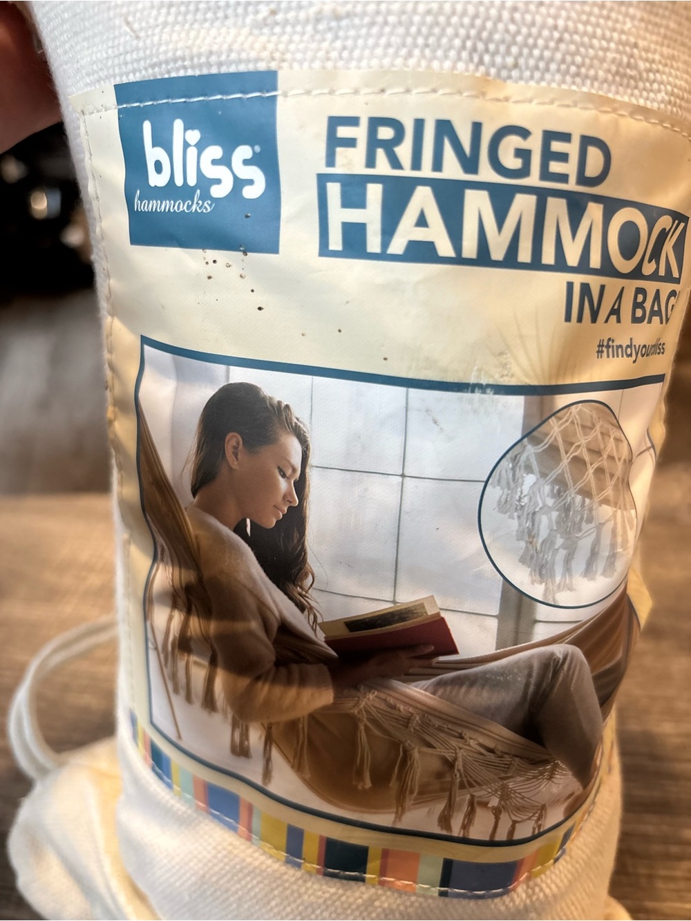 Bliss Fringed Hammock in Cream and Blue Logo